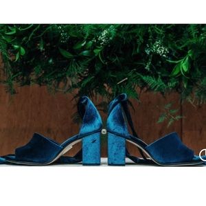 Blue velvet block heels